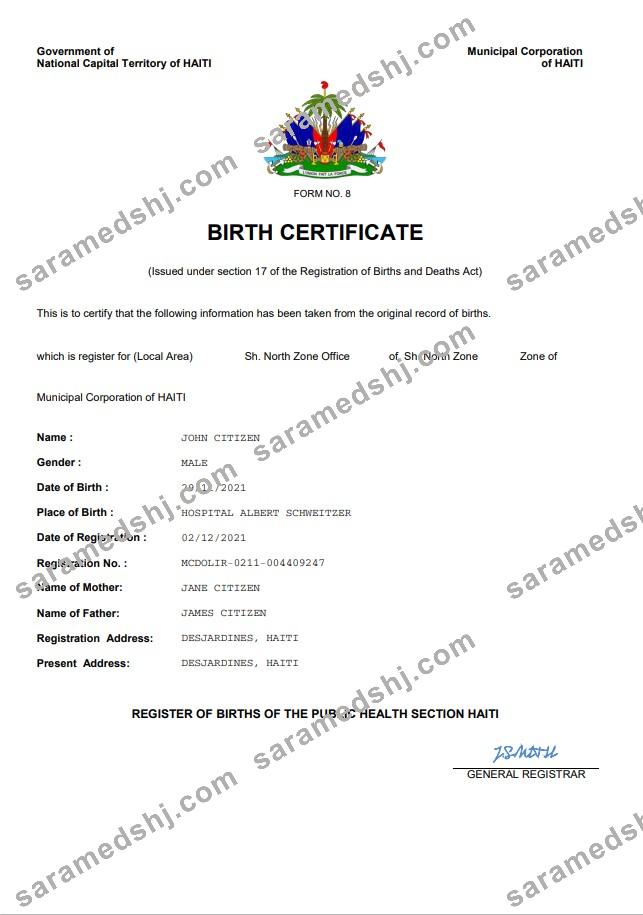 Haiti vital record birth certificate Word and PDF template